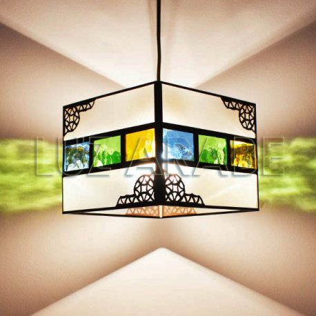 Lampara pendiente andalusí de cristal blanco y colores