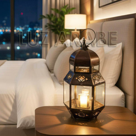 Moroccan candle lantern of wrought iron and transparent glass