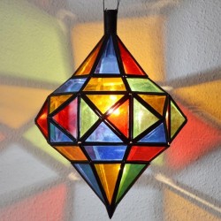 Lampara andalusí octagonal con dos cúpulas de forja calada y cristal de colores