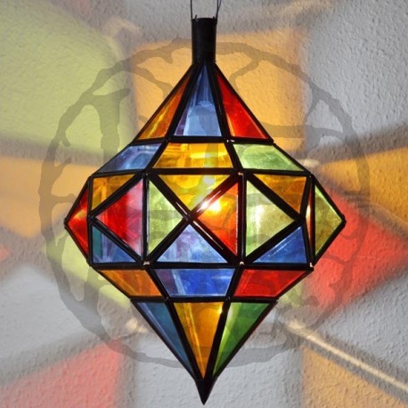Lampara andalusí octagonal con dos cúpulas de forja calada y cristal de colores