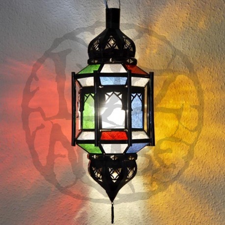 Lampada ottagonale andaluso con barre e cupole in ferro traforato e vetro colorato